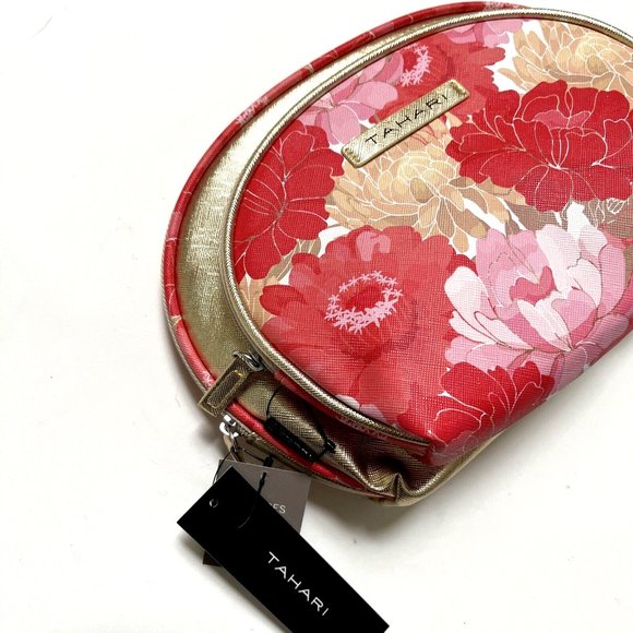 NWT 2pc TAHARI Cosmetics Bag + Bottle Toiletries Makeup Dome Floral Gold Red - Picture 1 of 7